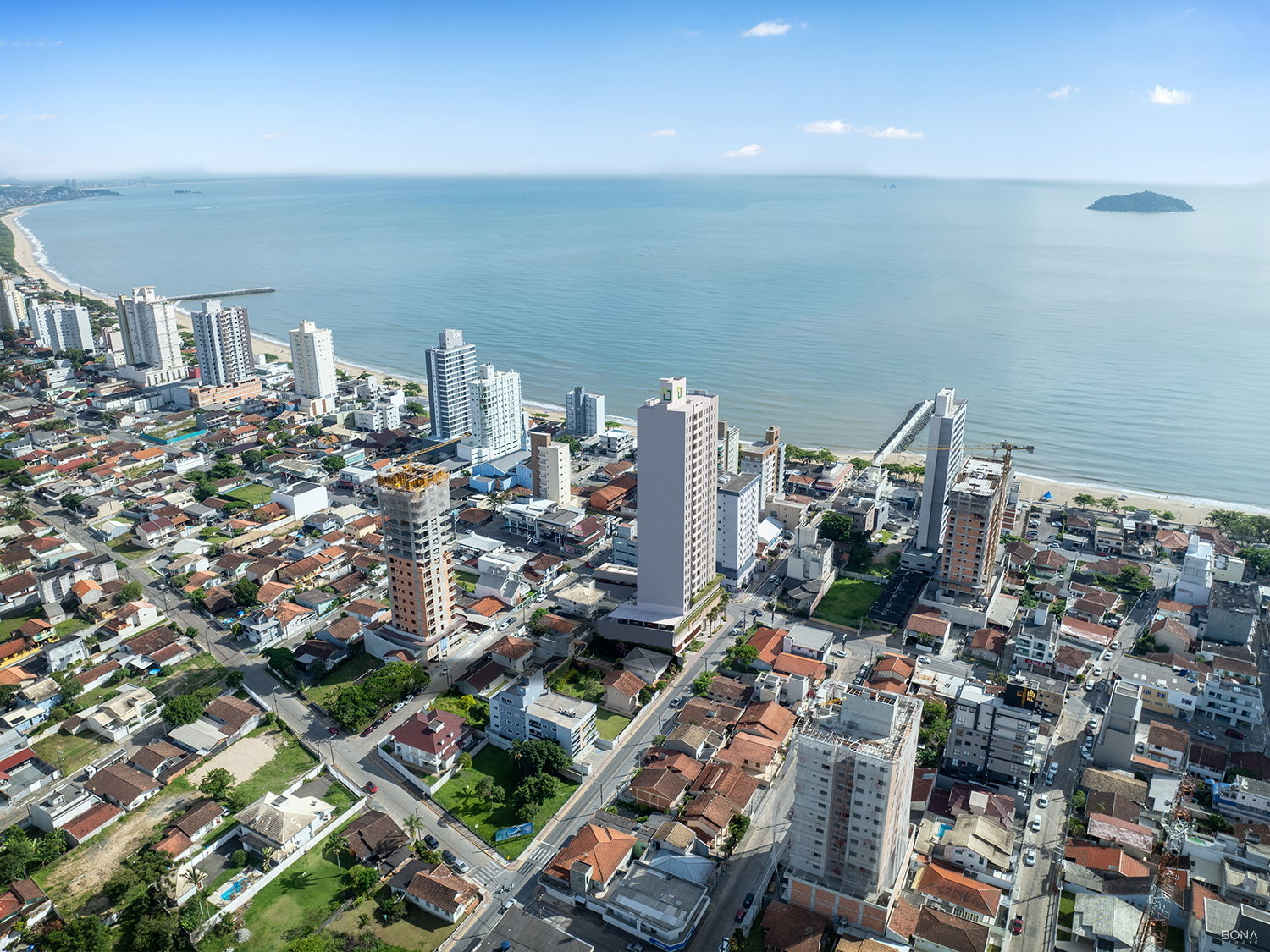 Fotomontagem aérea com o Residencial Celebration no Centro de Balneário Piçarras