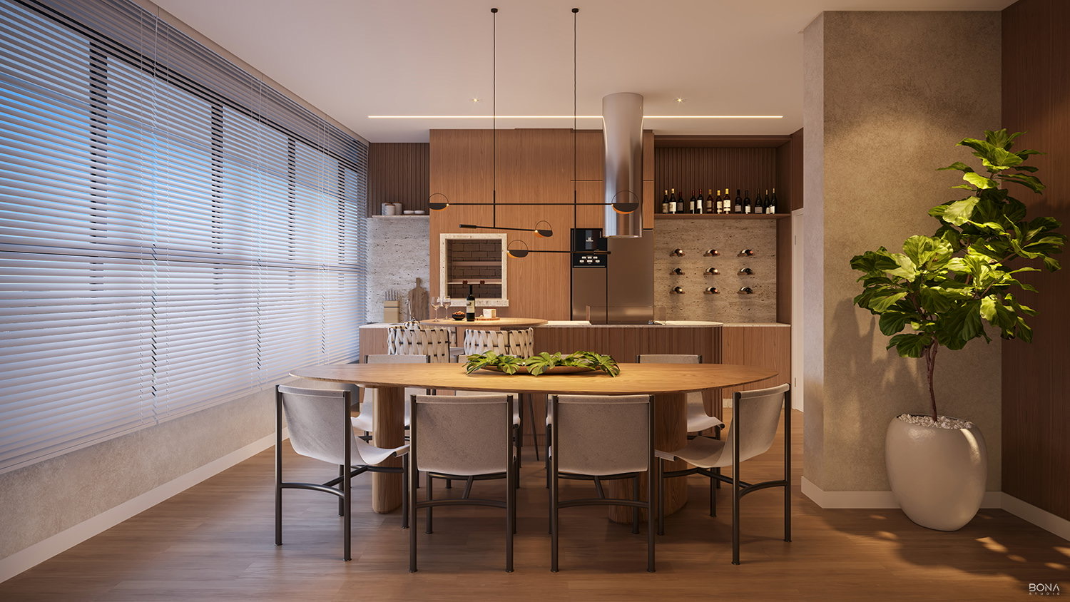Espaço gourmet com mesa e cozinha