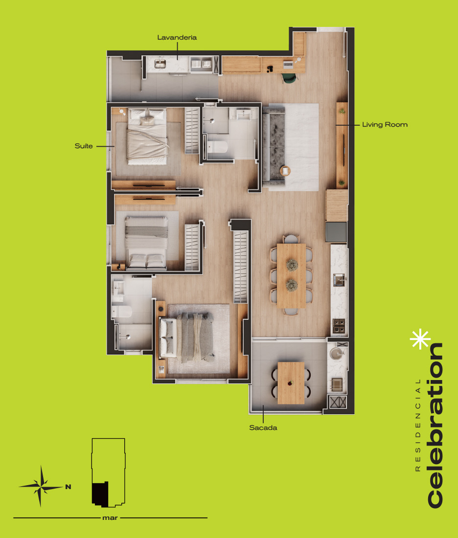 Planta do Tipo 1, 3 quartos com 101,65 m²