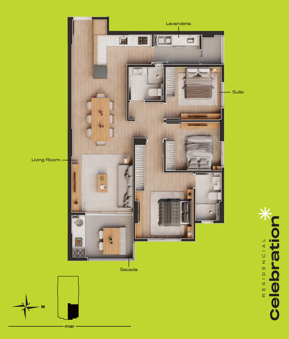 Planta do Tipo 2, 3 quartos com 101,65 m²