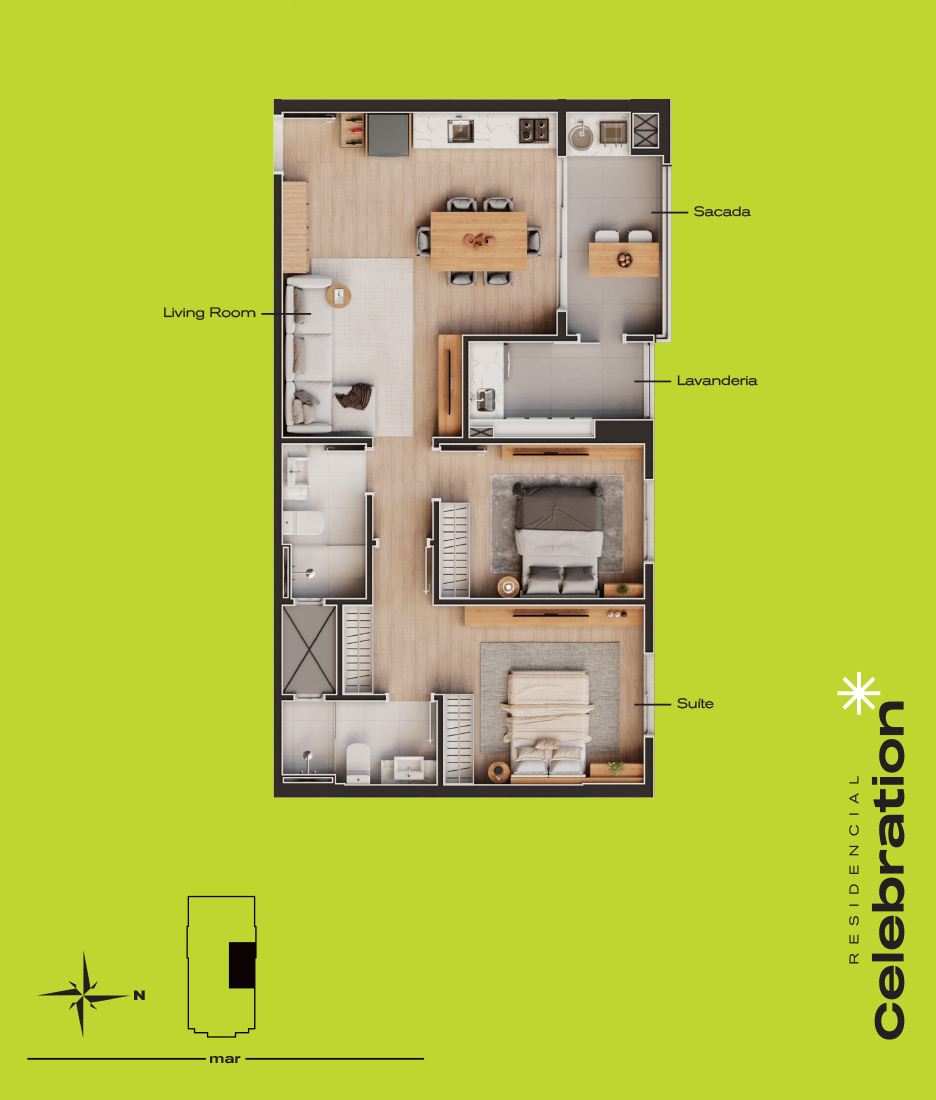 Planta do Tipo 3, 2 quartos com 75,45 m²