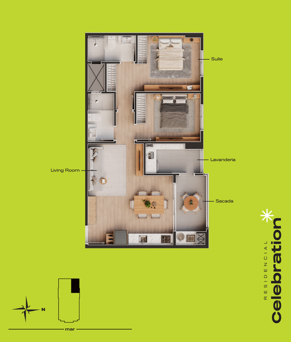 Planta do Tipo 4, 2 quartos com 75,80 m²