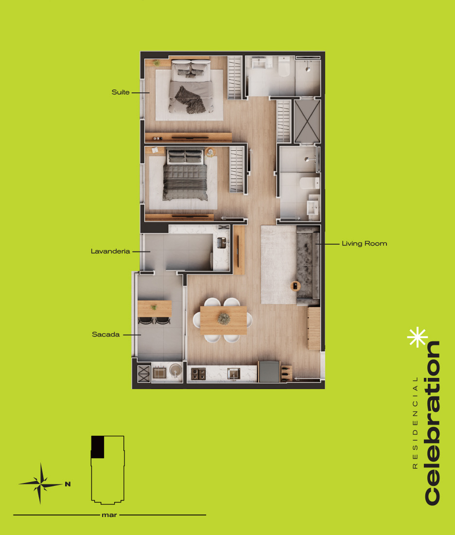 Planta do Tipo 5, 2 quartos com 75,80 m²