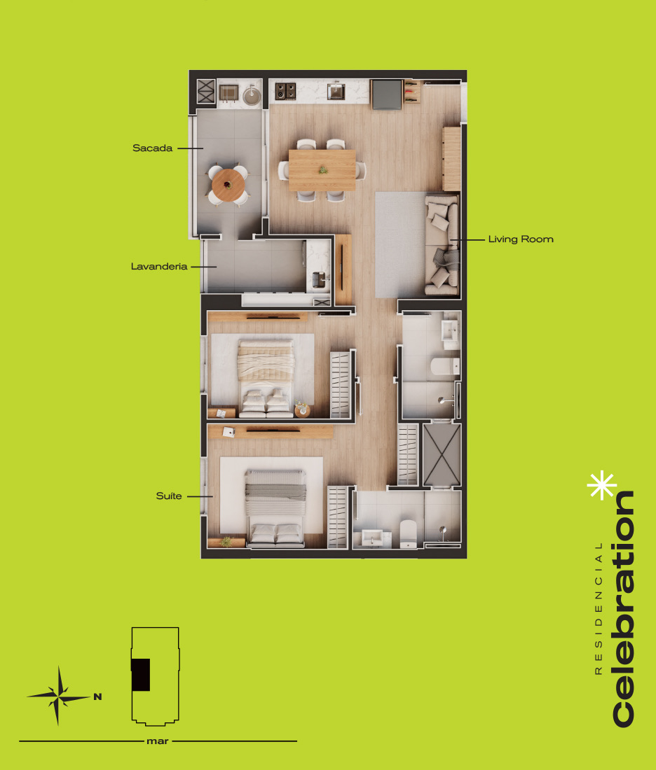 Planta do Tipo 6, 2 quartos com 75,45 m²