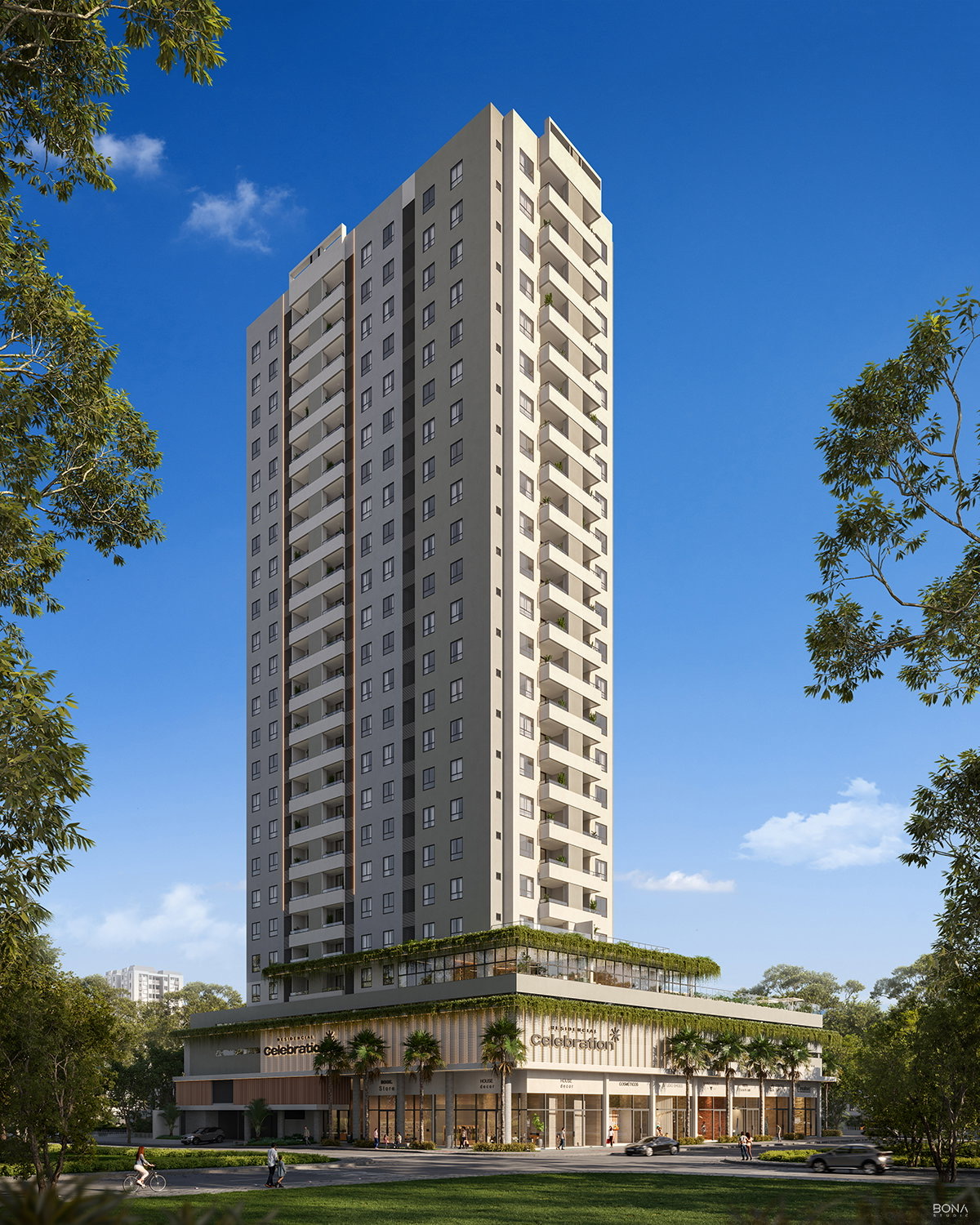 Fachada do Residencial Celebration, torre de 25 pavimentos no Centro de Balneário Piçarras